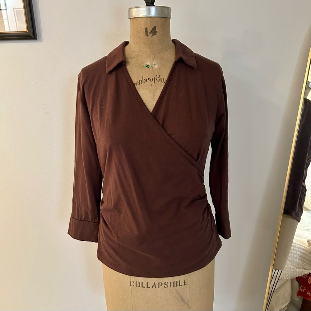 Tasha Polizzi Brown Faux-Wrap Collared Cotton Modal Knit Top Sz M